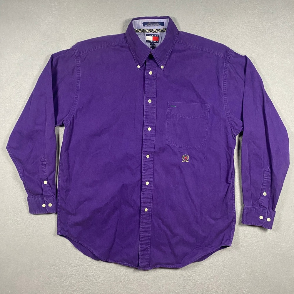 Tommy Hilfiger Button Down Shirt Mens Medium Purple Crest Logo Long Sleeve - Picture 2 of 6